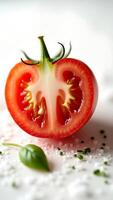 Closeup of a fresh tomato with basil leaf and sea salt on a light surface photo