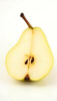 Closeup of a sliced pear revealing its inner structure and texture photo