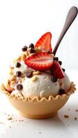 Closeup view of a delicious ice cream sundae topped with fresh strawberries and nuts photo
