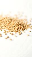 Closeup of scattered sesame seeds on a light surface in detailed examination photo