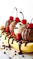 Delicious banana split with chocolate ice cream, whipped cream, and cherries on top photo