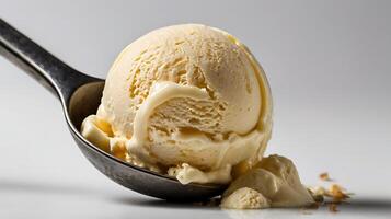 Closeup view of a luscious scoop of vanilla ice cream in a metal serving scoop photo