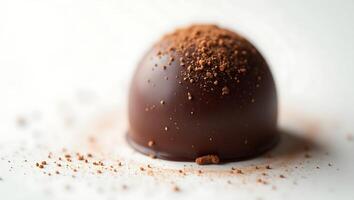 Closeup of a chocolate treat with finely crushed toppings on a light surface photo