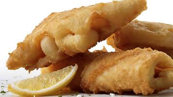 Extreme closeup of a delicious bite of fish and chips with a lemon wedge photo