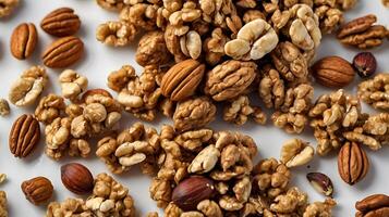 Extreme closeup of a bowl filled with granola and various nuts on a plain background photo