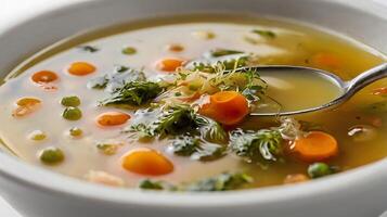 Closeup view of soup broth filled with vegetables and herbs in a white bowl photo