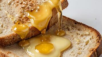 Closeup of melting butter on freshly toasted bread with dripping yolk photo