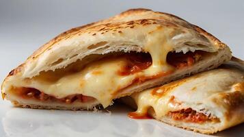 Closeup view of a calzone cut in half, showcasing melted cheese and savory filling photo