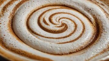 Closeup view of cappuccino foam art revealing intricate swirl patterns photo