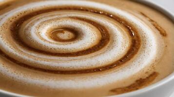 Closeup view of a caramel latte showcasing intricate milk foam patterns photo