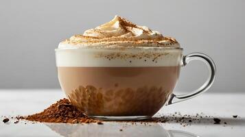 Extreme closeup of chai tea latte showcasing creamy texture and cocoa dusting photo
