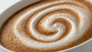 Closeup view of chai tea latte showcasing intricate foam patterns and spice blend photo