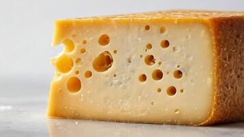 Closeup view of a cheese wedge highlighting its texture and unique holes photo