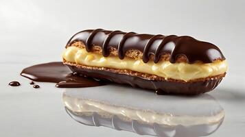 Closeup view of a chocolate eclair showcasing cream filling and glaze photo