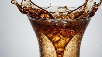 Closeup view of cola with dynamic splashes and bubbles photo
