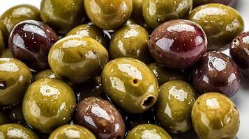 Cluster of olives displayed in closeup with distinct colors and varied shapes photo
