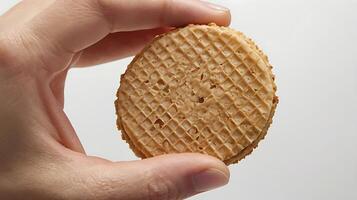 Closeup view of a crispy airy wafer held by a hand against a plain background photo