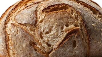 Closeup view of a crusty artisan bread showcasing detailed texture and color photo