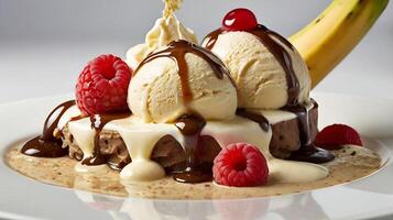 Decadent banana split featuring scoops of vanilla ice cream and rich chocolate sauce photo