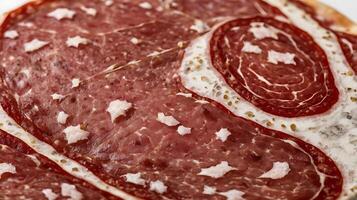 Closeup view of a delicate slice of cured meat showcasing intricate patterns photo