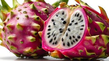 Closeup view of a dragon fruit segment revealing its unique texture and seeds photo