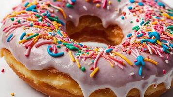 Closeup view of a donut covered in colorful sprinkles on a white background photo
