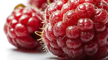 Closeup view of juicy raspberries with detailed texture and color variations shown photo