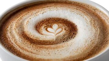 Frothy cappuccino with heart design captured in extreme closeup at a cafe photo