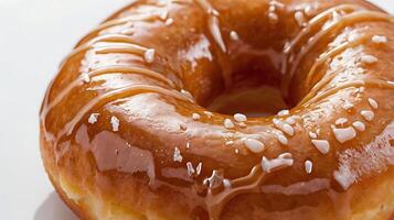 Extreme closeup of a glazed donut highlighting its glossy finish and texture photo