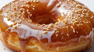 Glazed donut with a closeup view showcasing texture and glaze details photo