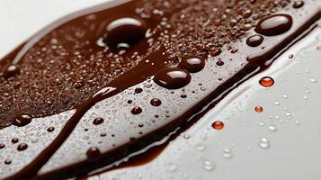 Closeup view of a glossy dark smear with droplets on a flat surface photo