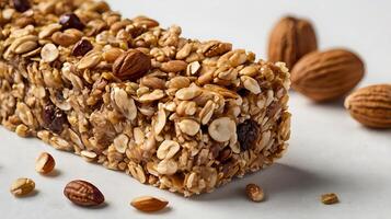 Closeup view of a granola bar piece surrounded by nuts and seeds on a plain surface photo