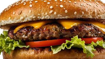 Closeup view of a juicy burger with melted cheese, fresh lettuce, and tomato photo