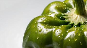 Closeup view of a fresh green bell pepper with droplets of water photo