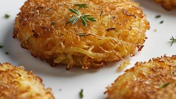 Closeup view of a perfectly cooked hash brown showcasing golden texture and detail photo