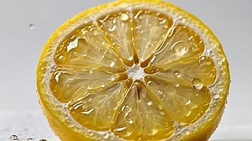 Extreme closeup of a juicy lemon slice showing details and droplets of water photo