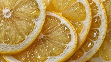 Extreme closeup of a lemon wedge showing intricate details and textures of the fruit photo