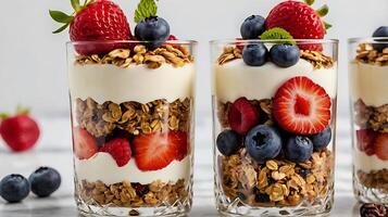 Closeup view of a layered fruit parfait with berries and granola in clear glasses photo
