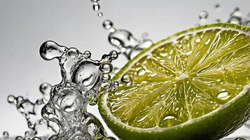 Detailed closeup of a lime wedge splashing with bubbles against a neutral backdrop photo