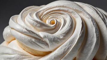 Closeup view of intricately swirled meringue with detailed texture and shape photo