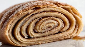 Closeup view of a rolled cinnamon pastry showcasing layers of deliciousness photo