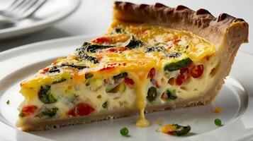 Closeup view of a delicious slice of quiche featuring vegetables and cheese photo