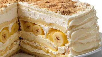 Extreme closeup of a decadent slice of banana cream cake showcasing layers of flavor photo