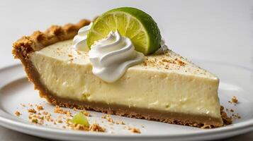 Closeup view of a key lime pie slice with lime garnish on a plate photo