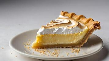Closeup view of a slice of lemon meringue pie on a plain white plate photo