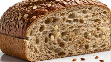 Closeup of a slice of multigrain bread showcasing seeds and texture details photo