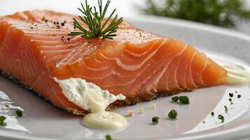 Closeup of a slice of smoked salmon garnished with herbs and sauce photo