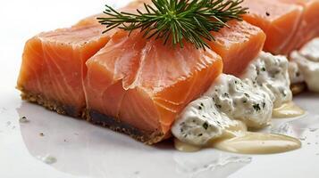 Closeup view of a slice of smoked salmon garnished with dill and sauce photo