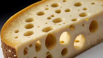 Closeup view of a slice of Swiss cheese showcasing its signature holes and texture photo