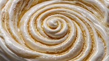 Closeup view of a creamy sour cream swirl on a textured surface photo